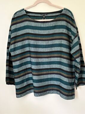 Eileen Fisher Teal, Light Blue & Olive Striped Boxy Top